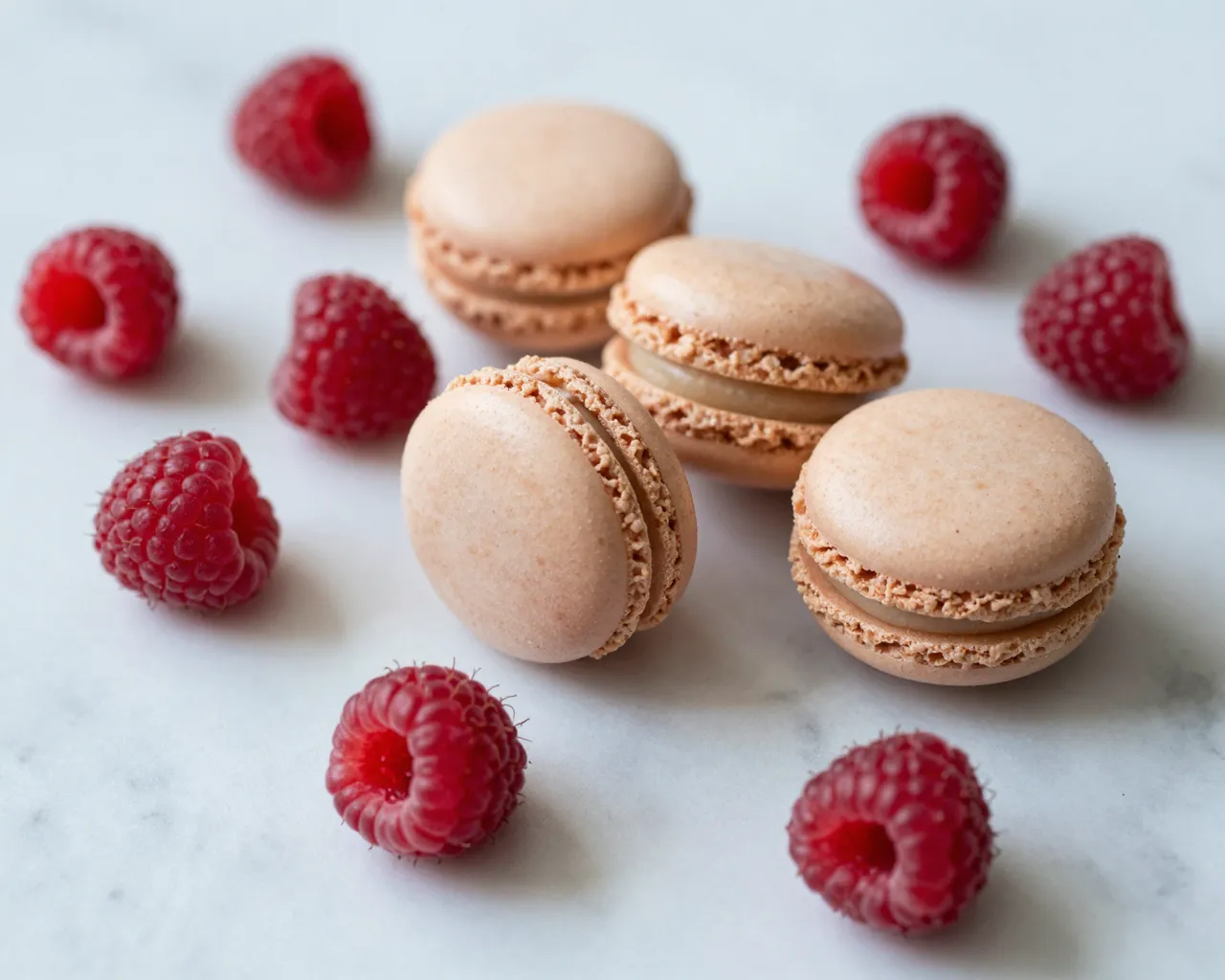 Pale pink macarons arranged with fresh whole raspberries on a light gray marble surface