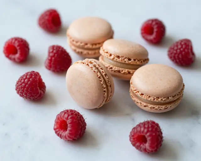 Pale pink macarons arranged with fresh whole raspberries on a light gray marble surface