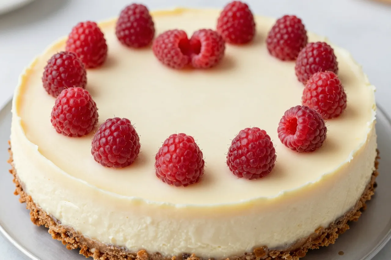 Whole white chocolate cheesecake topped with fresh raspberries arranged in a heart shape on a metal plate