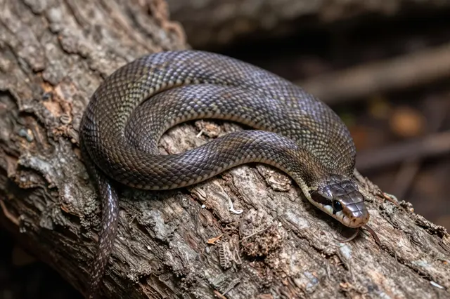 A coiled patterned rat snake rests on rough weathered tree bark with its tongue extended.