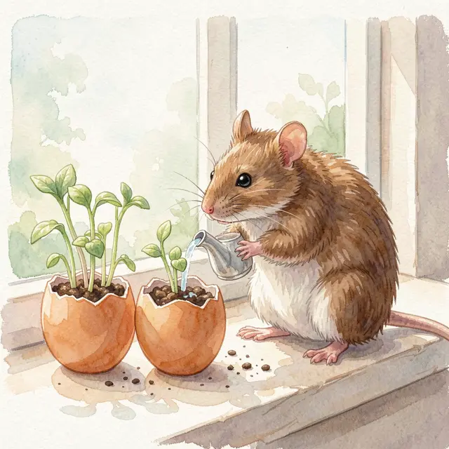 A cute brown rat uses a tiny watering can to water bean sprouts growing in eggshell pots on a sunny windowsill