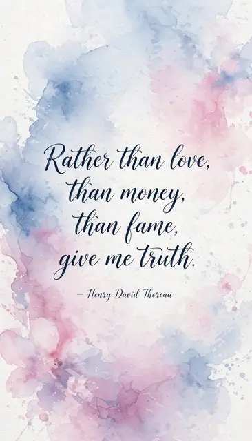 Soft blue and pink watercolor wash background with flowing script quote: "Rather than love, than money, than fame, give me