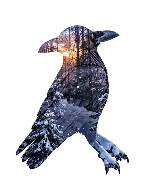 Double exposure art of a raven silhouette filled with a snowy dusk forest against a plain white background