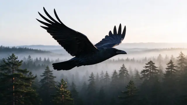 A glossy black raven flies low with spread wings over a misty pine forest at dawn