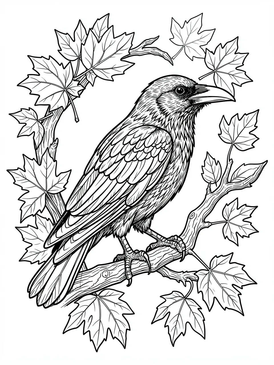 Intricate black line art of a raven perched on a gnarled branch framed by maple leaves, for a coloring page.