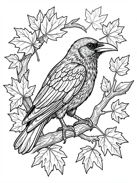 Intricate black line art of a raven perched on a gnarled branch framed by maple leaves, for a coloring page.
