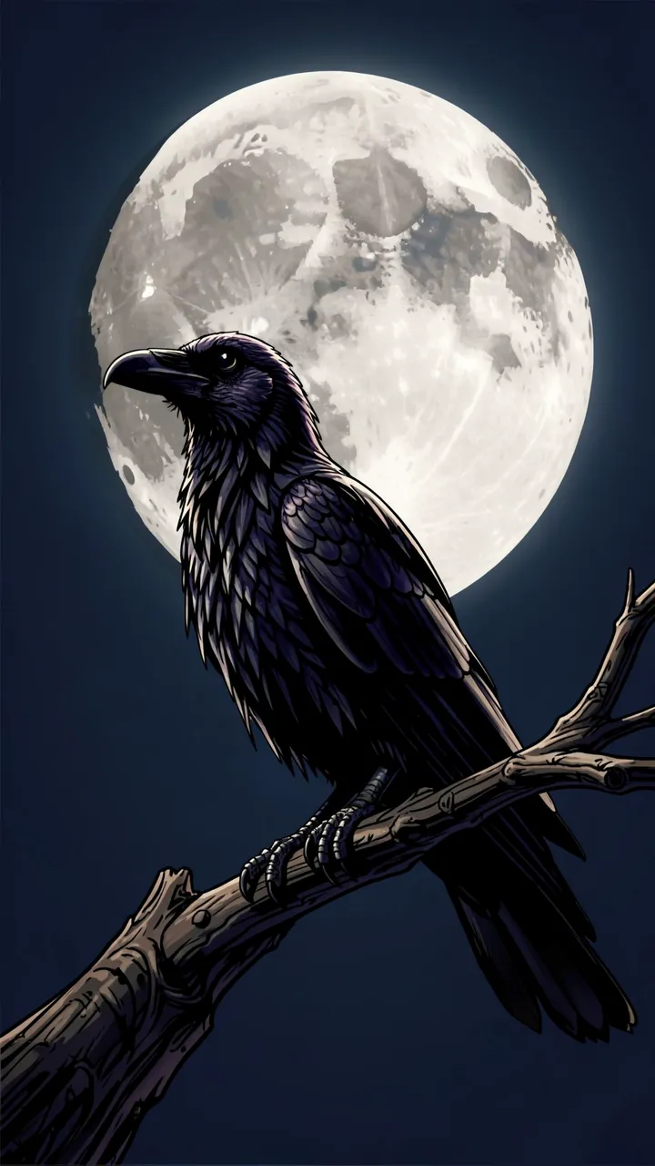 A dark illustrated raven perched on a bare branch with a large full moon behind it against a night sky.