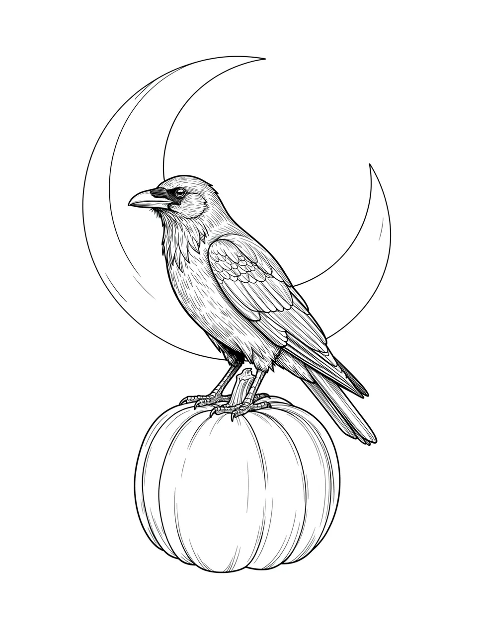 Fine line art drawing of a raven perched on a pumpkin with a crescent moon on a plain white background