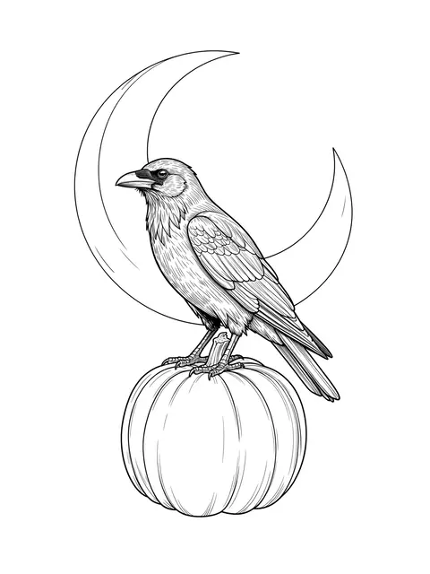 Fine line art drawing of a raven perched on a pumpkin with a crescent moon on a plain white background