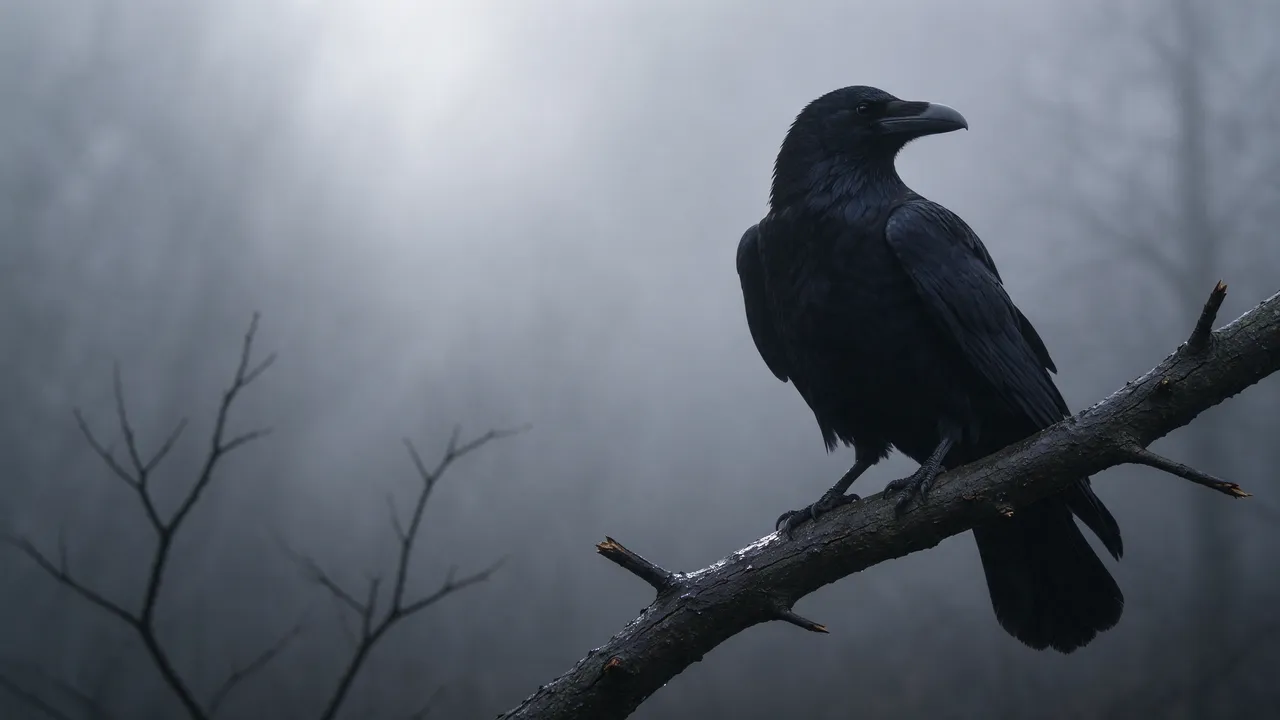 A sharp black raven perches on a bare wet branch against a thick gray foggy background