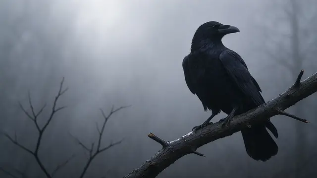 A sharp black raven perches on a bare wet branch against a thick gray foggy background