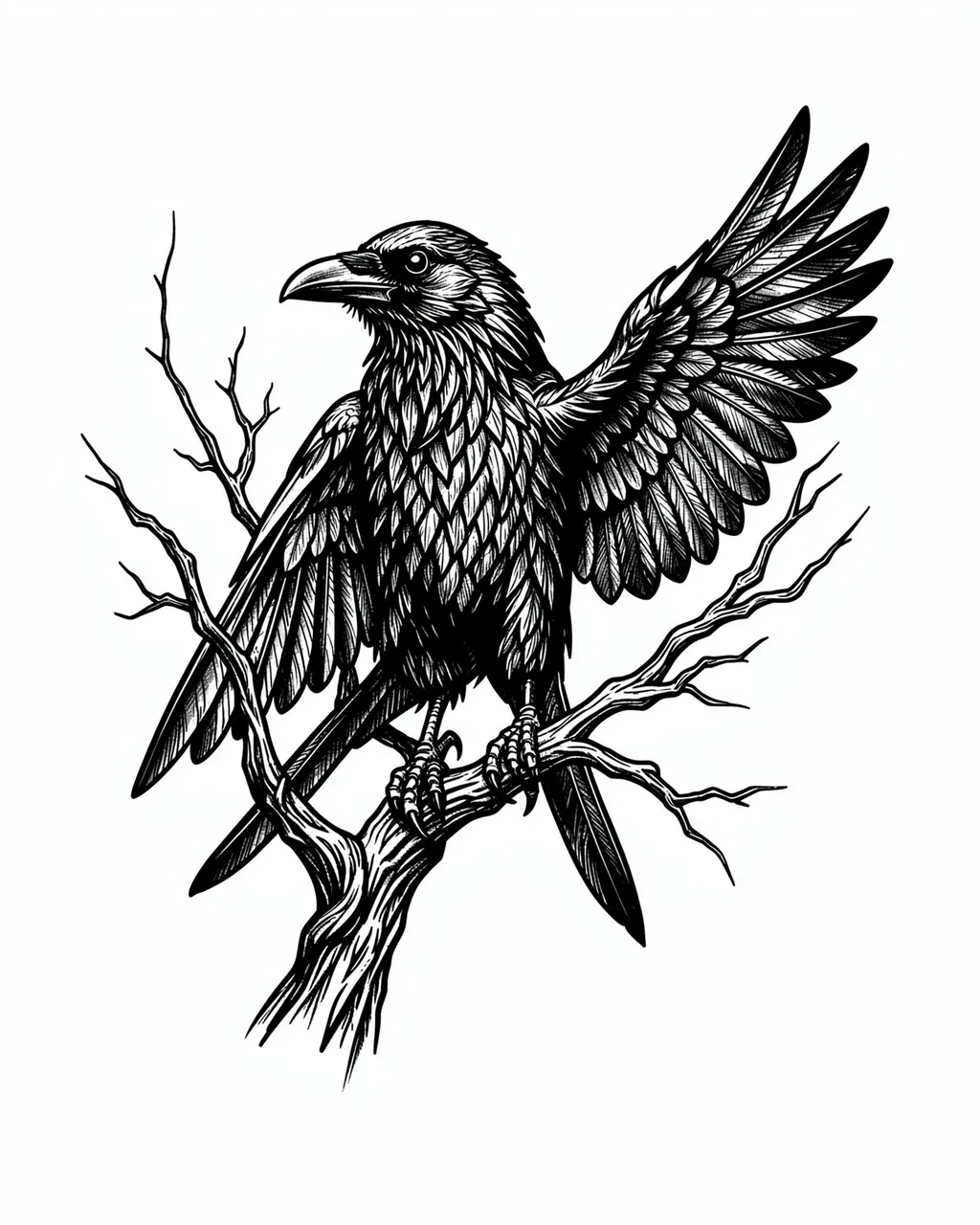 Blackwork illustration of a raven with half-open wings perched on a twisted bare branch against a white background