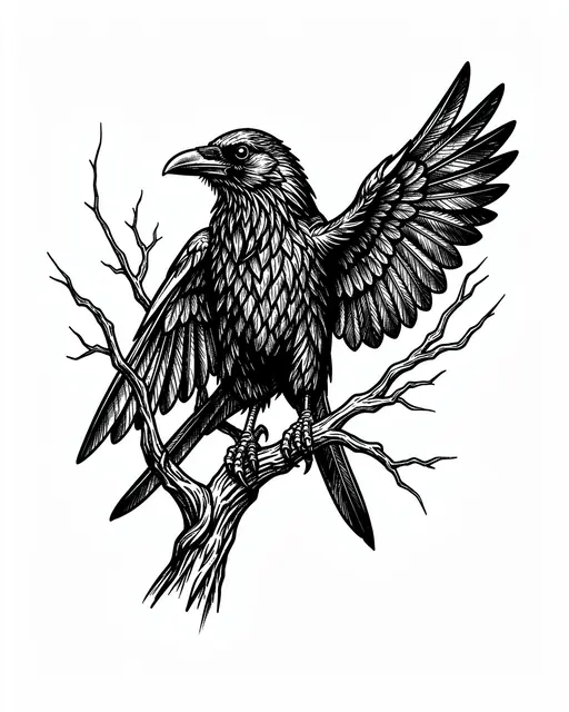 Blackwork illustration of a raven with half-open wings perched on a twisted bare branch against a white background