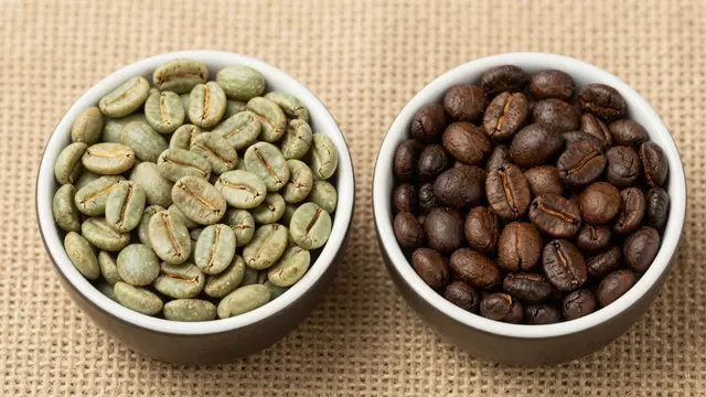 Top view of two small bowls holding green unroasted and dark roasted coffee beans on burlap fabric