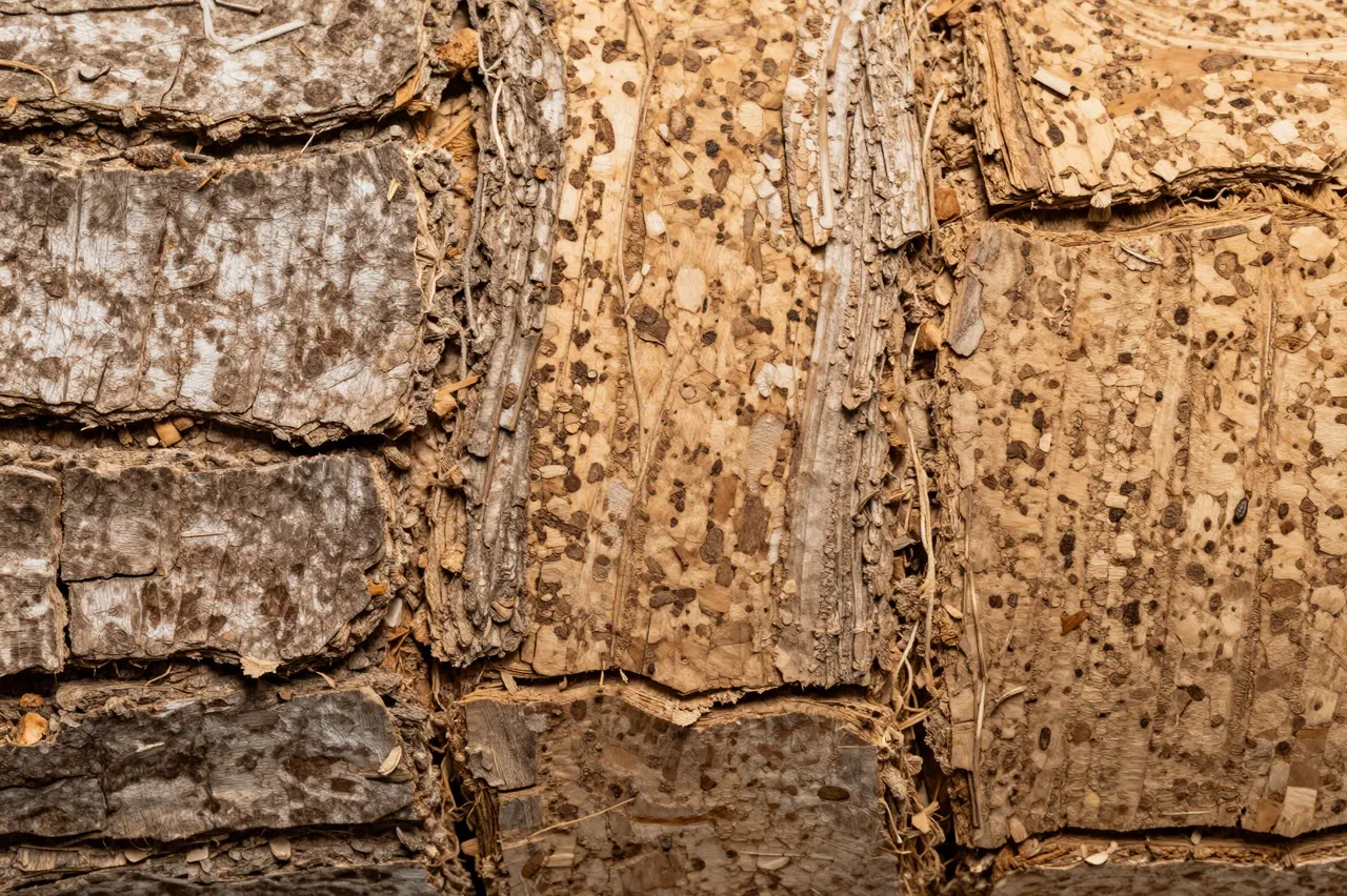 Close-up full frame of rough raw cork oak bark with deep cracks and natural uneven ridges