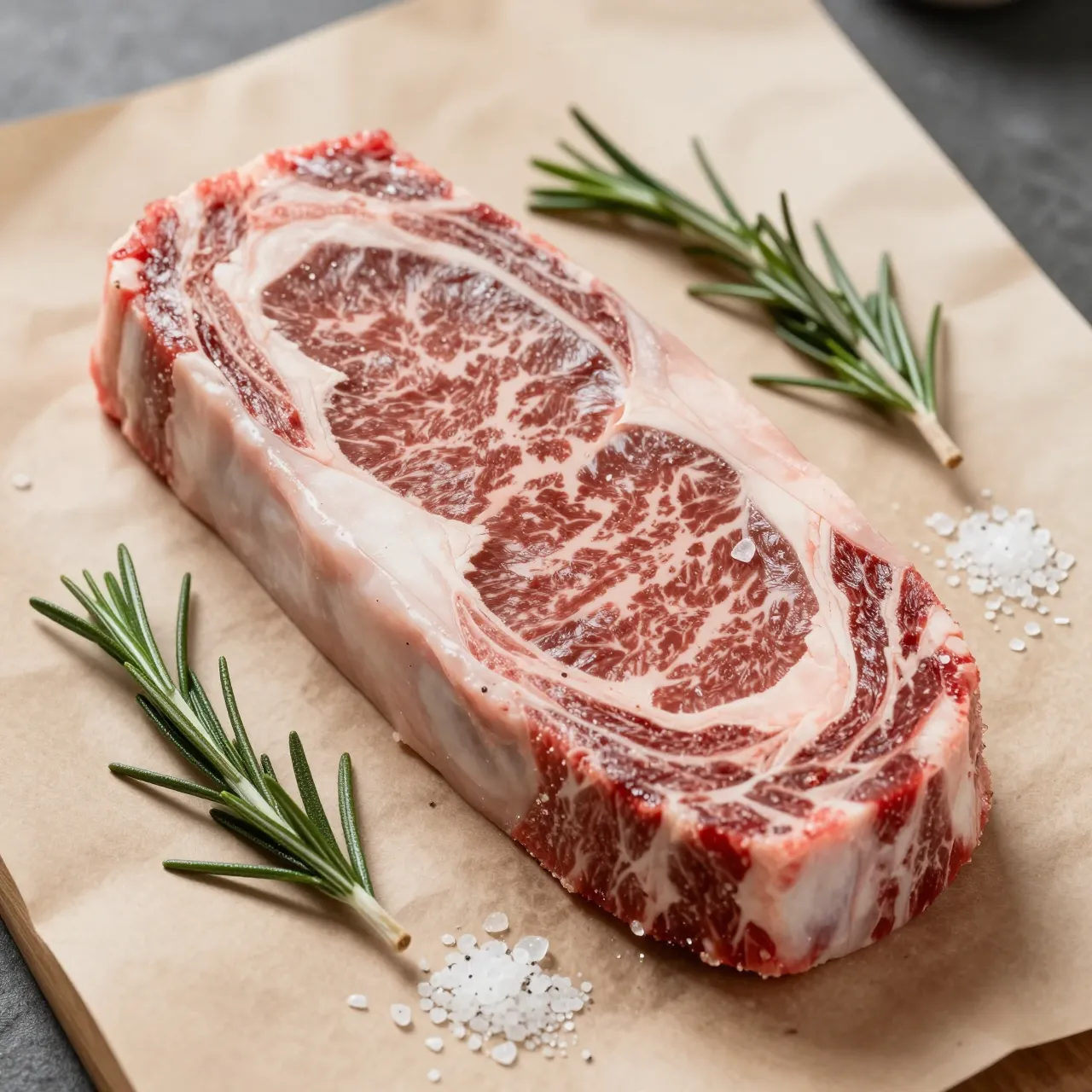 Thick raw marbled ribeye steak rests on brown butcher paper with rosemary sprigs and coarse sea salt.