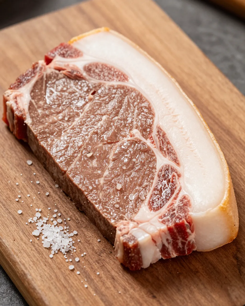 A thick cut of raw picanha steak with a large fat rim rests on a wooden board next to coarse salt crystals.