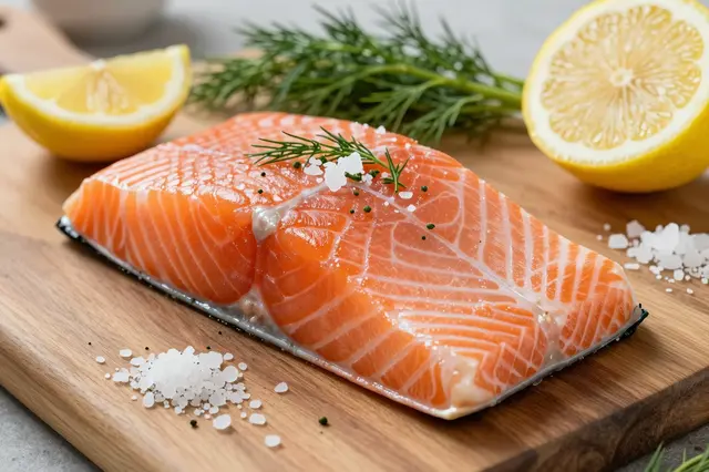 Raw salmon fillet with dill, lemon wedges, and sea salt arranged on a wooden cutting board.