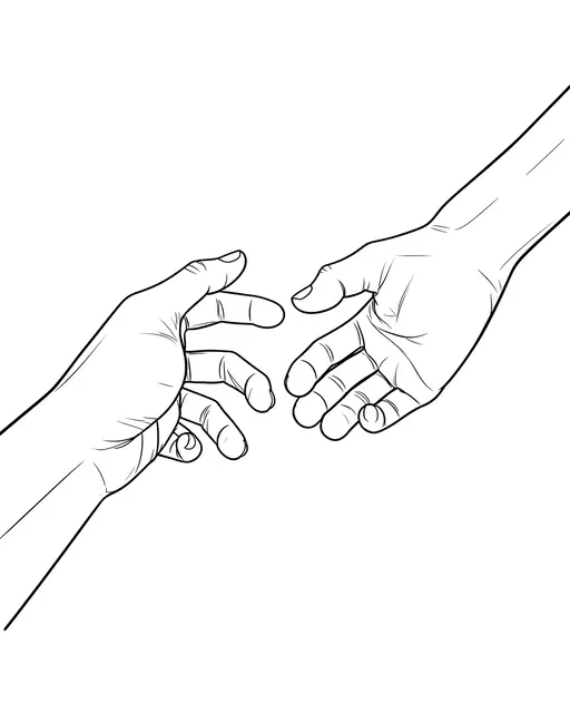 Black continuous line art of two extended hands reaching toward each other against a plain white background
