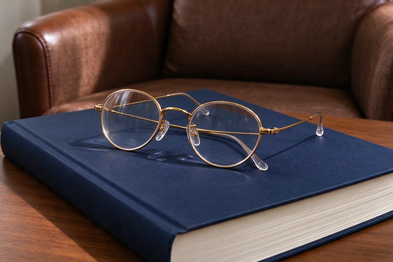 Round gold-rimmed glasses rest on a closed navy hardcover book atop a wooden table with a leather armchair in the background