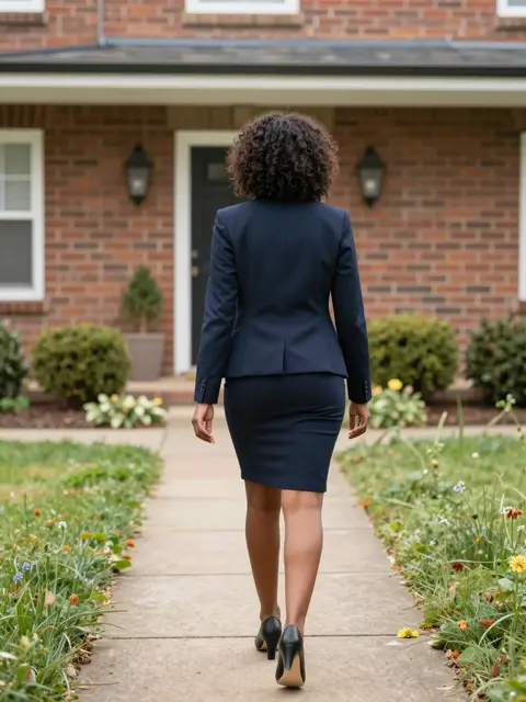 A woman viewed from behind walks up a garden path toward a brick single-family home.