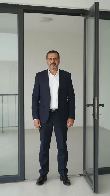 Middle Eastern man in a dark suit stands in the open glass doorway of a vacant apartment
