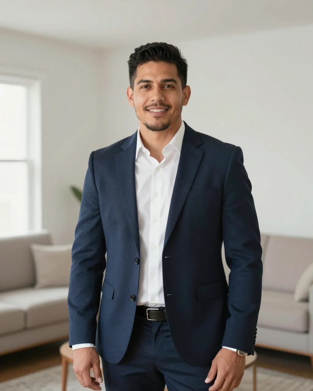Smiling Latino man in a navy blazer stands in a bright empty living room