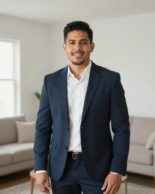Smiling Latino man in a navy blazer stands in a bright empty living room