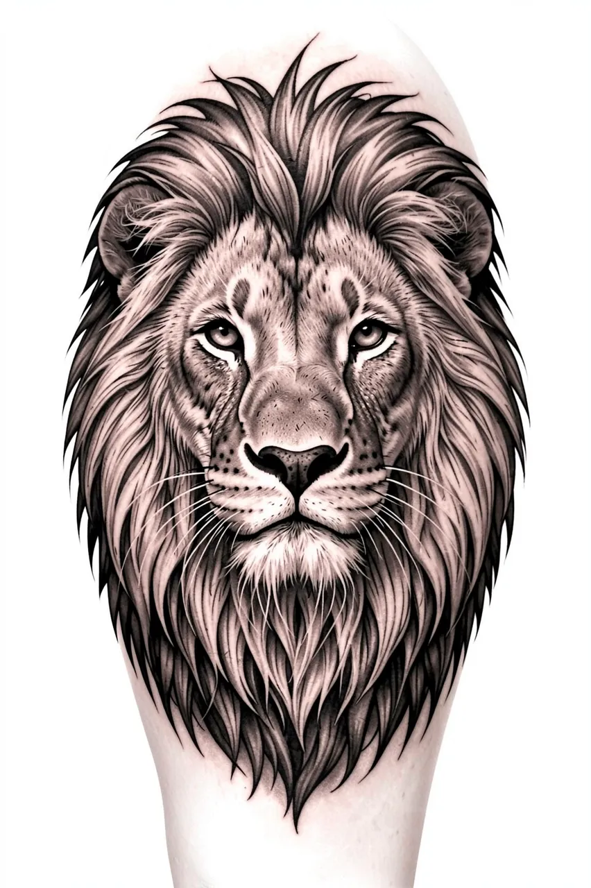 Black and grey realism lion head tattoo sketch with a full mane and calm forward gaze