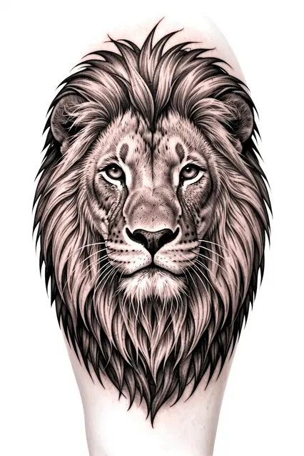 Black and grey realism lion head tattoo sketch with a full mane and calm forward gaze