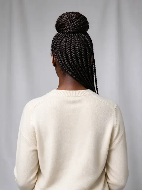 Back view of a Black woman with box braids in a high bun wearing a cream sweater in soft studio lighting