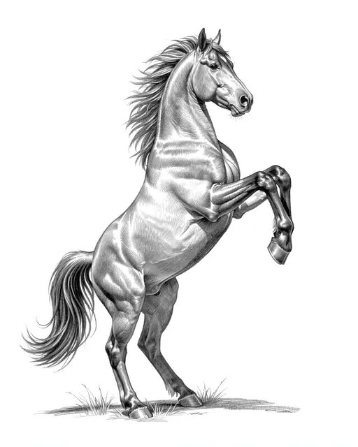 Detailed graphite pencil drawing of a stallion rearing on its hind legs on a plain white background