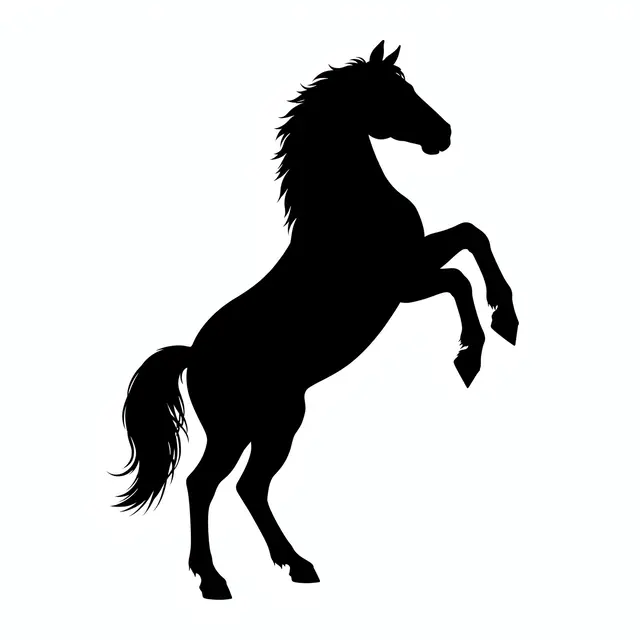 Solid black silhouette of a rearing horse on a plain solid white background