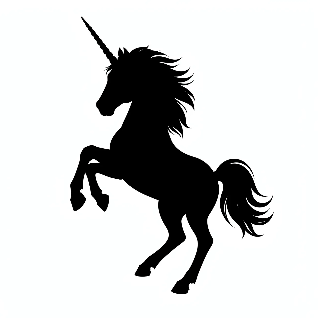 Solid black silhouette of a rearing unicorn with flowing mane on a plain white background