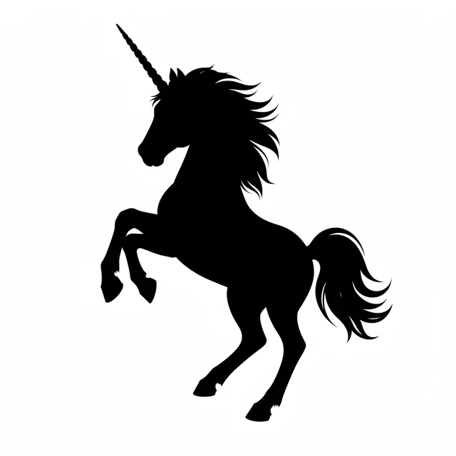 Solid black silhouette of a rearing unicorn with flowing mane on a plain white background