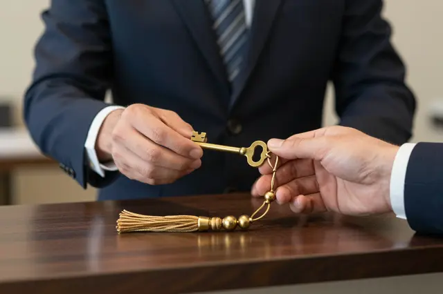 A suited receptionist passes an old brass key with a tassel to another person over a wooden front desk