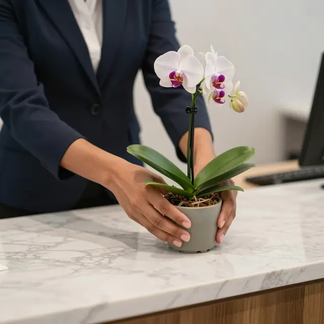 A businessperson holds a small potted moth orchid to set it on a marble office desk