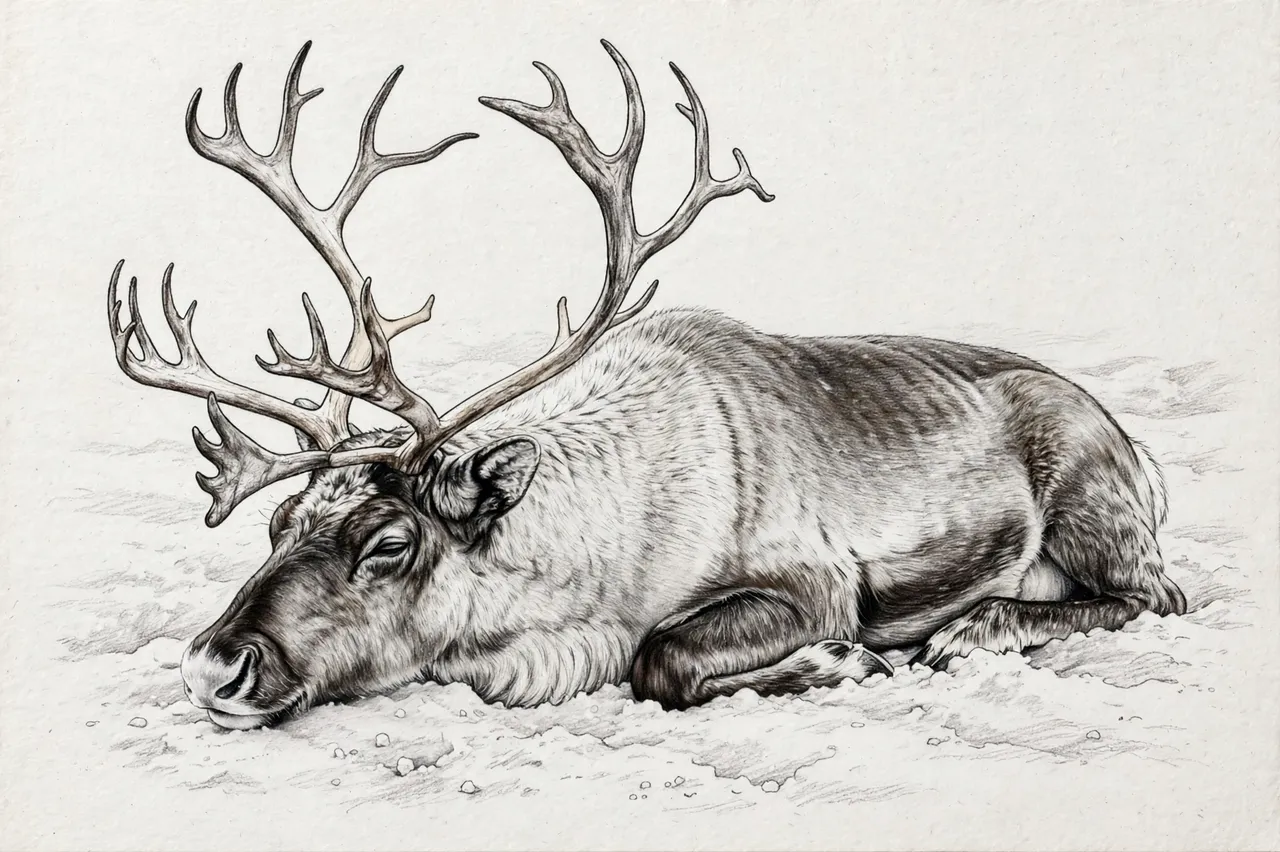 Graphite pencil sketch of a resting reindeer with large branching antlers lying in snow on textured paper