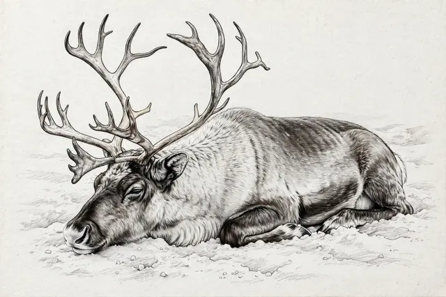 Graphite pencil sketch of a resting reindeer with large branching antlers lying in snow on textured paper