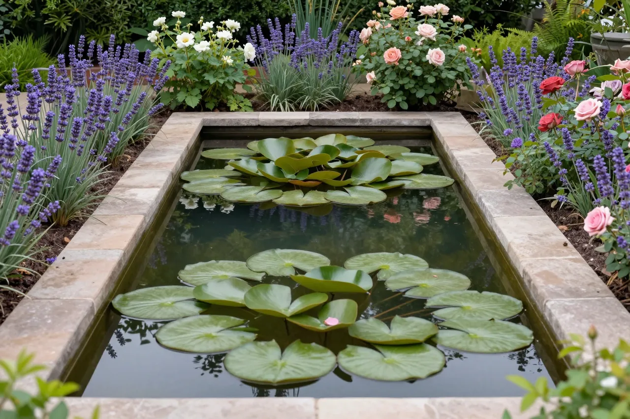 Stone-framed rectangular lily pond surrounded by lavender, roses and other flowering plants in a sunken garden.