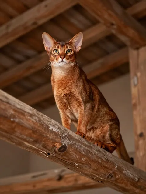 A rich reddish Abyssinian cat sits perched alert on a thick rustic wooden barn beam, looking toward the camera.