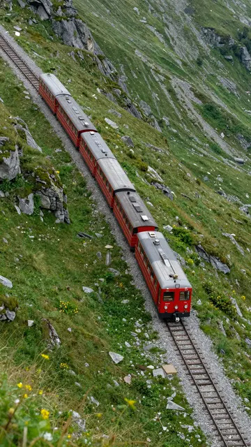A red narrow gauge train climbs a steep grassy rocky alpine slope from a high vantage point