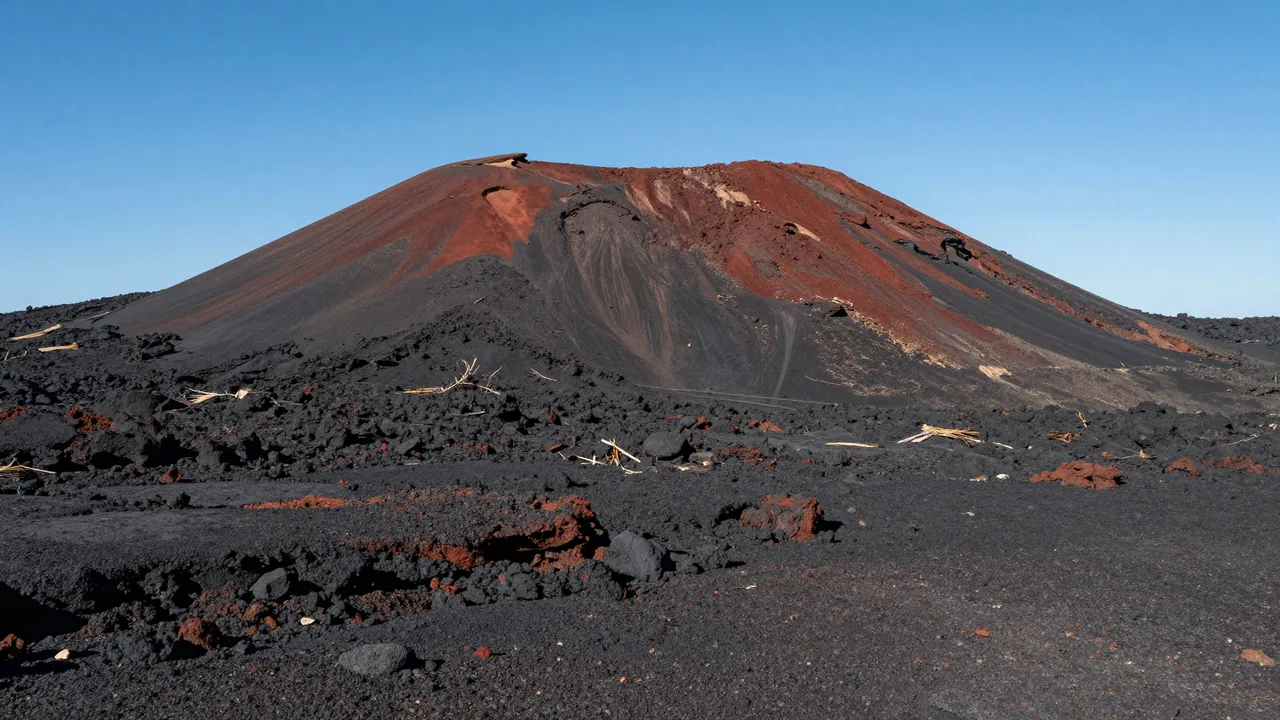 A young red and black cinder cone volcano rises from a barren dark lava plain under a clear blue sky