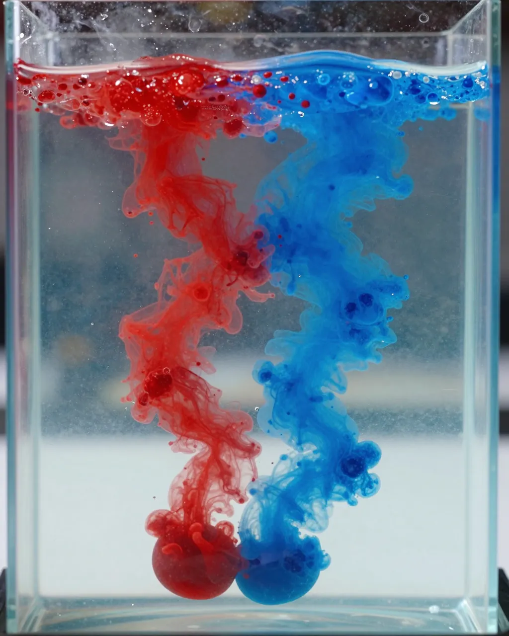 Swirling red and blue dyed water curls downward through clear liquid in a glass tank