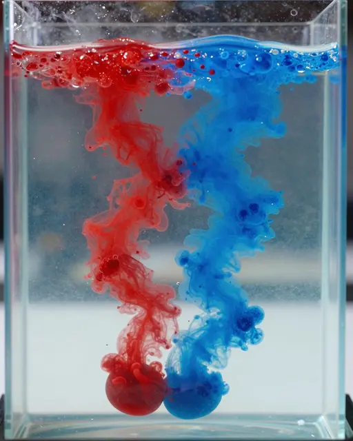 Swirling red and blue dyed water curls downward through clear liquid in a glass tank