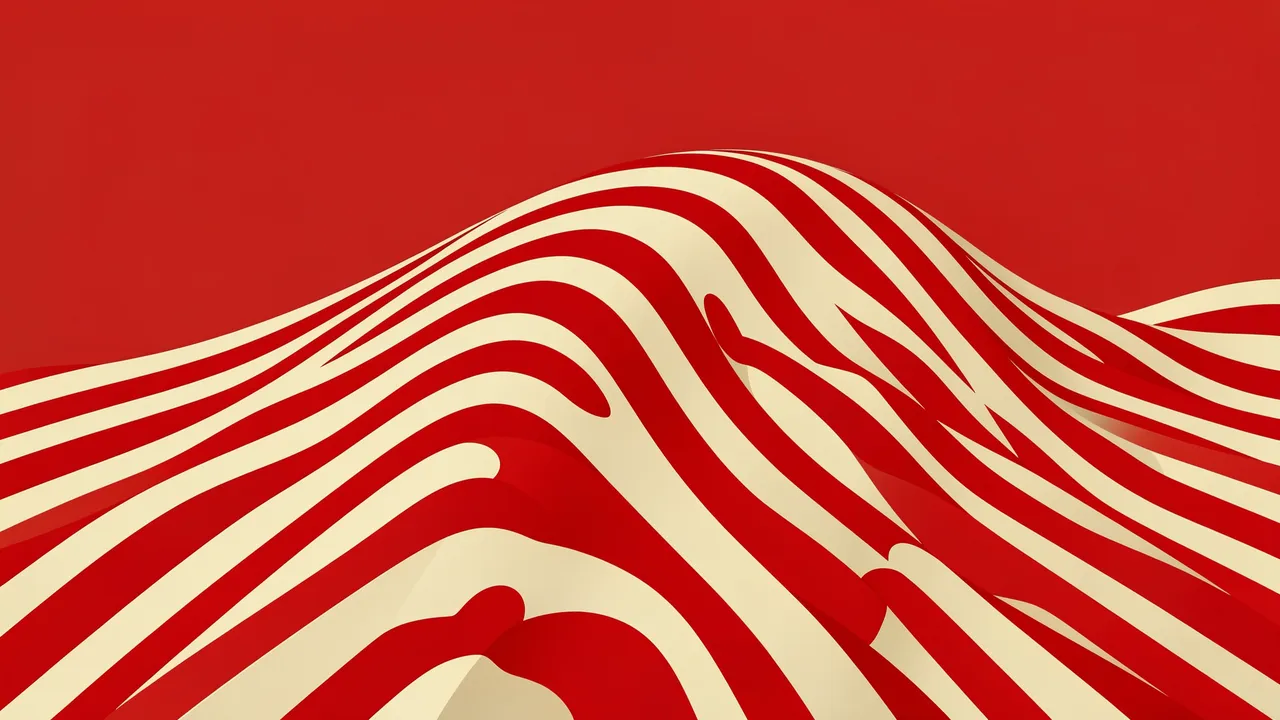 Red and cream wavy striped op art creates a raised 3D illusion over a curved hill shape