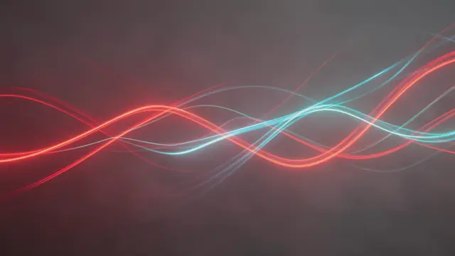 Wavy glowing red and cyan light trails weave through soft hazy fog