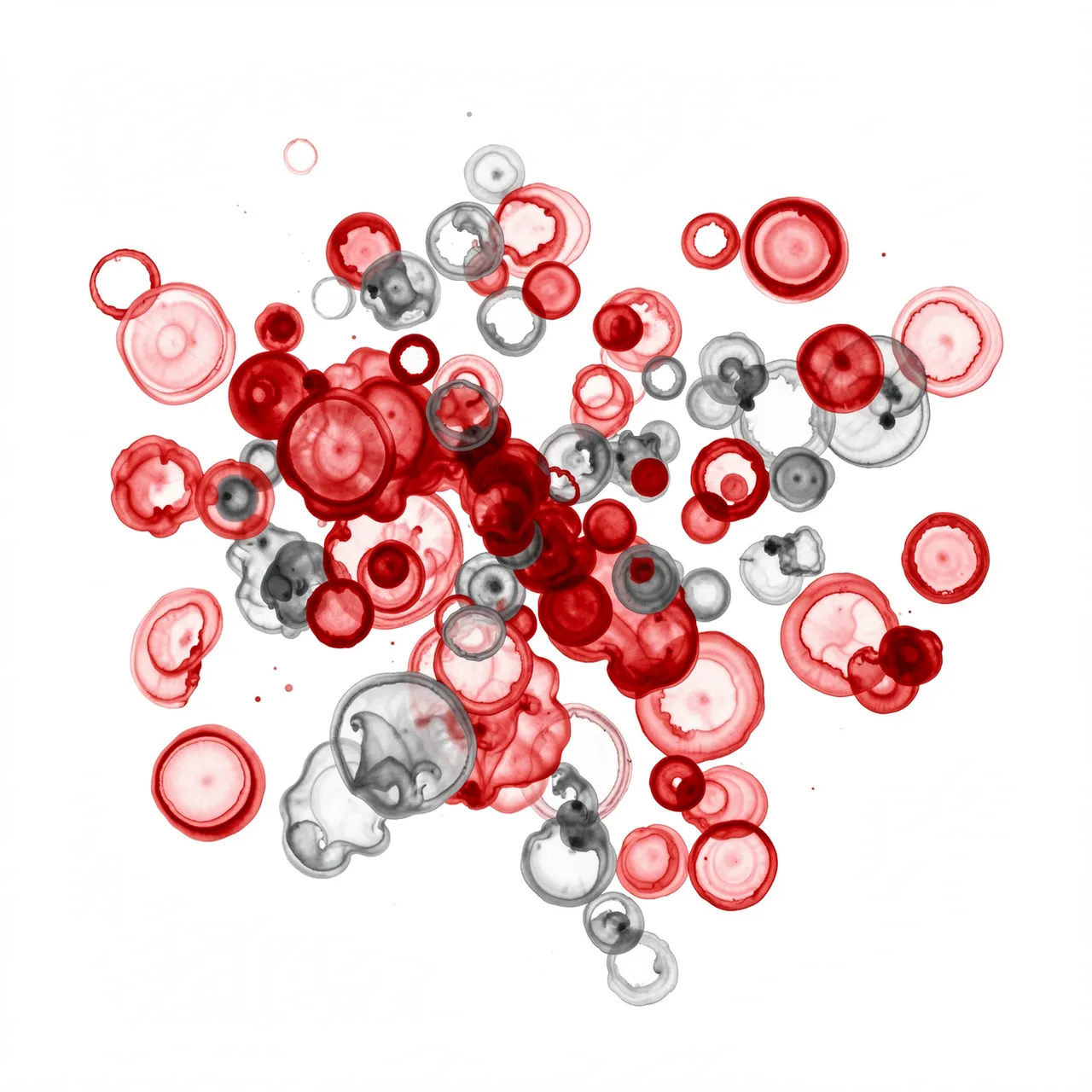 Spreading red and gray floating ink rings arranged across a plain white background