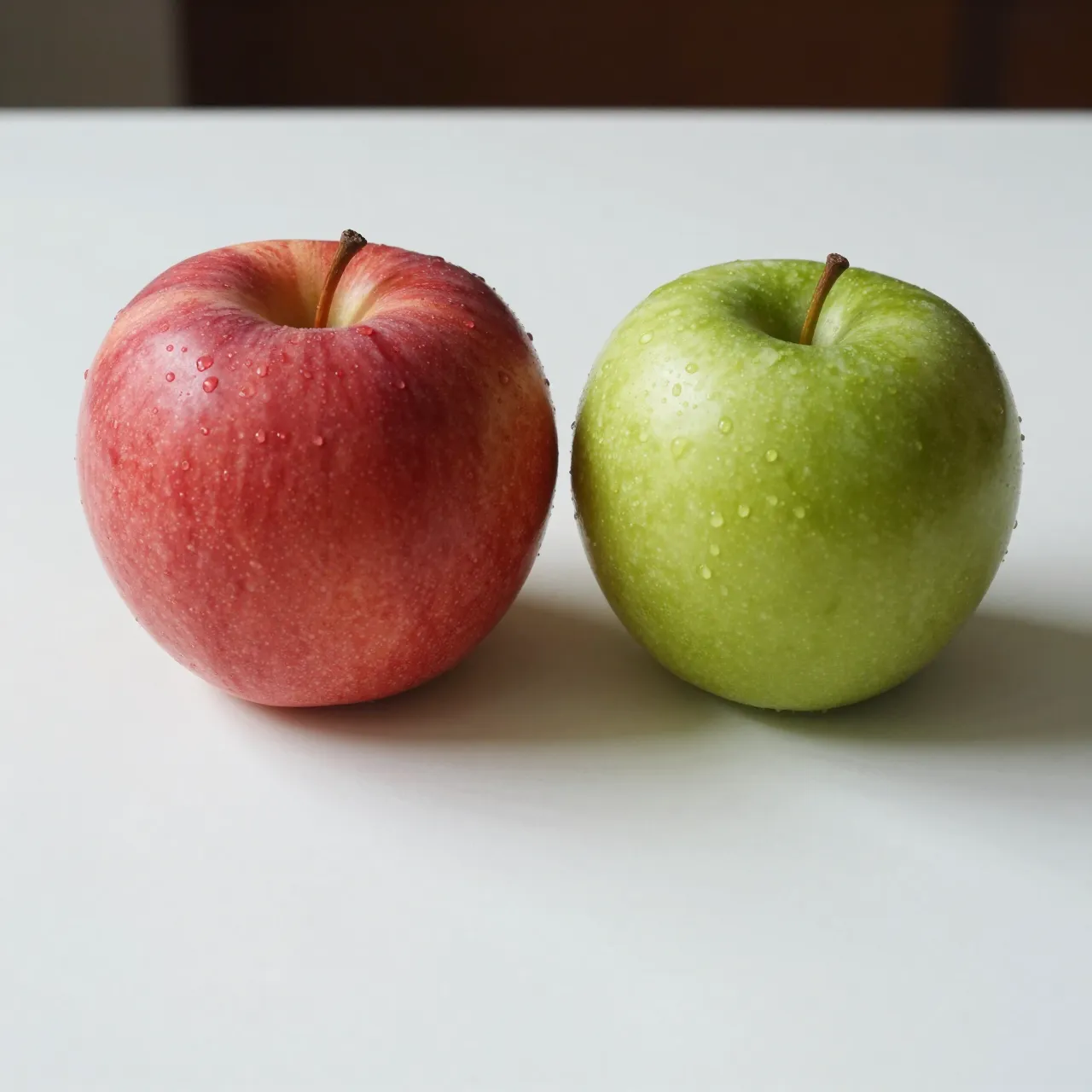 A red apple and green apple sit side by side with water droplets on a white tabletop.