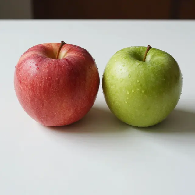 A red apple and green apple sit side by side with water droplets on a white tabletop.